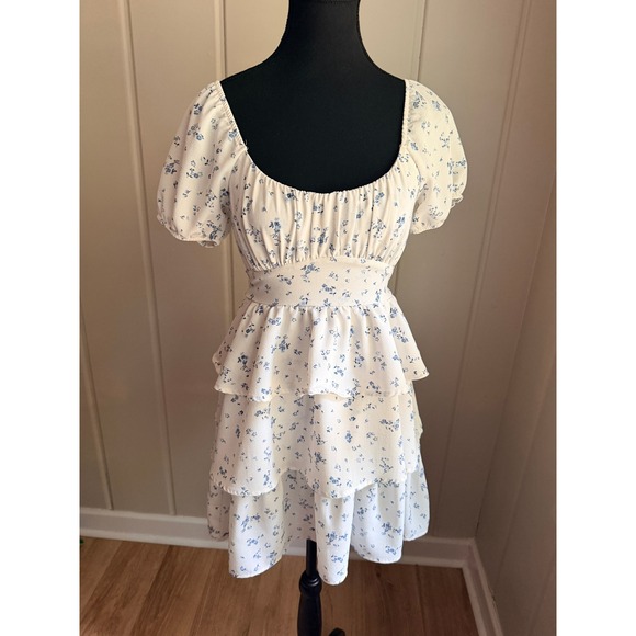 Originality Dresses & Skirts - Originality Blue Floral Tiered Ruffle Mini Dress Cottagecore Puff Sleeve XS